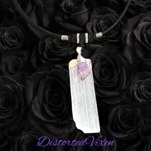 Selenite and Amethyst Choker Necklace | Raw Crystal Pendant for Clarity and Calm